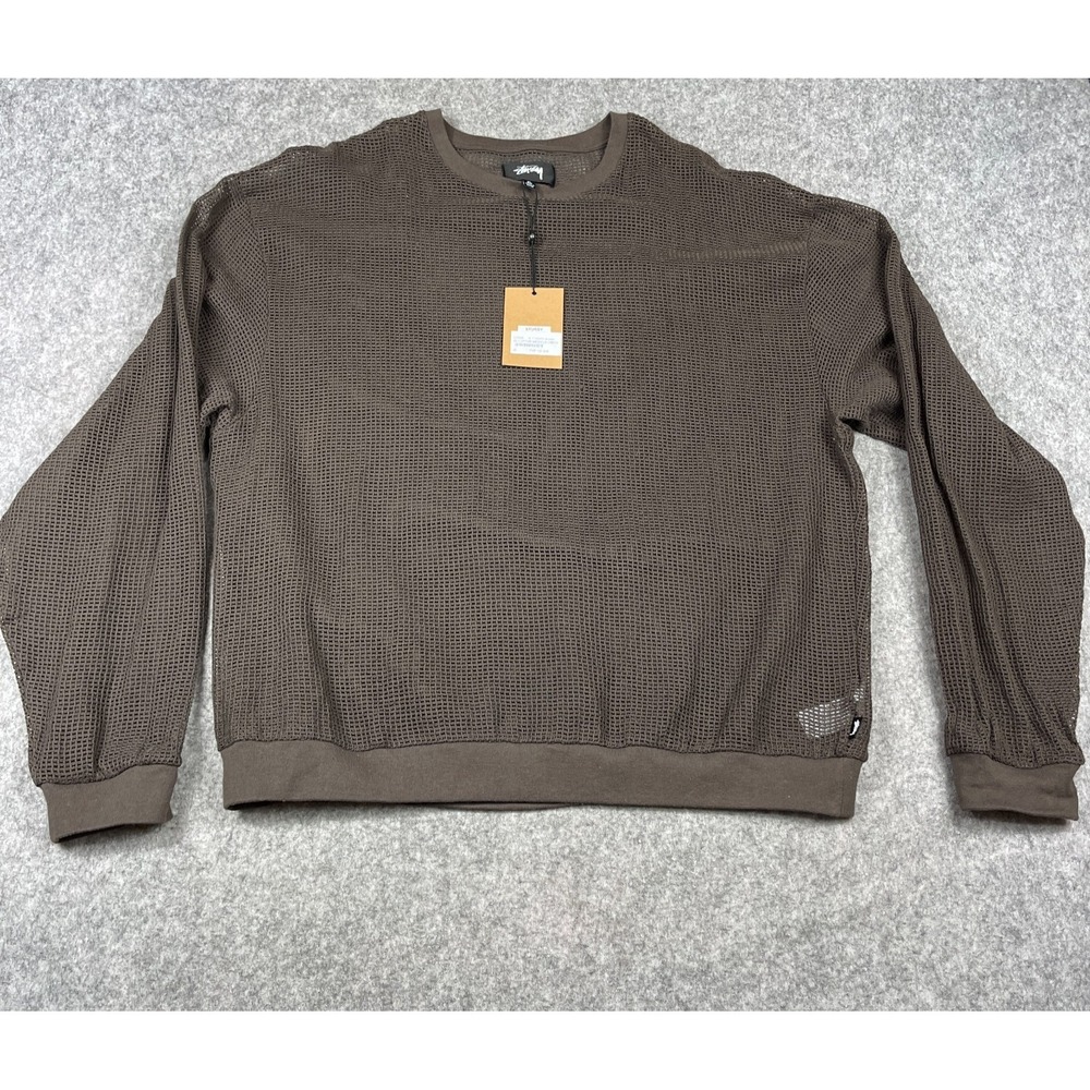 Stussy Cotton Mesh Crew Neck Mens XL‎ Brown NEW